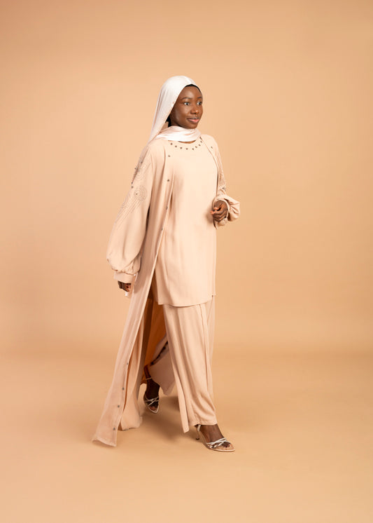 Amaya Three‑Piece Abaya (Nude) image 1
