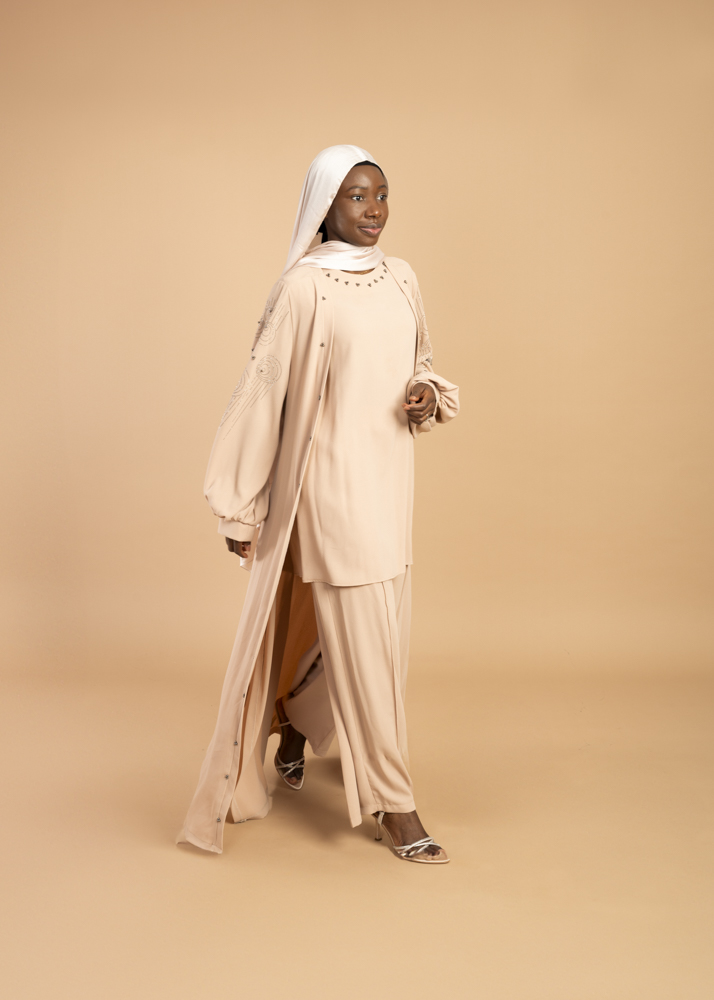 Amaya Three‑Piece Abaya (Nude)